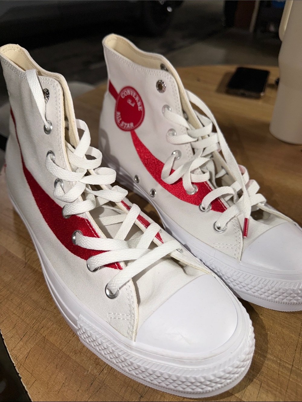 Converse High-Top Sneakers in White with Red Accent - Picture 1 of 3